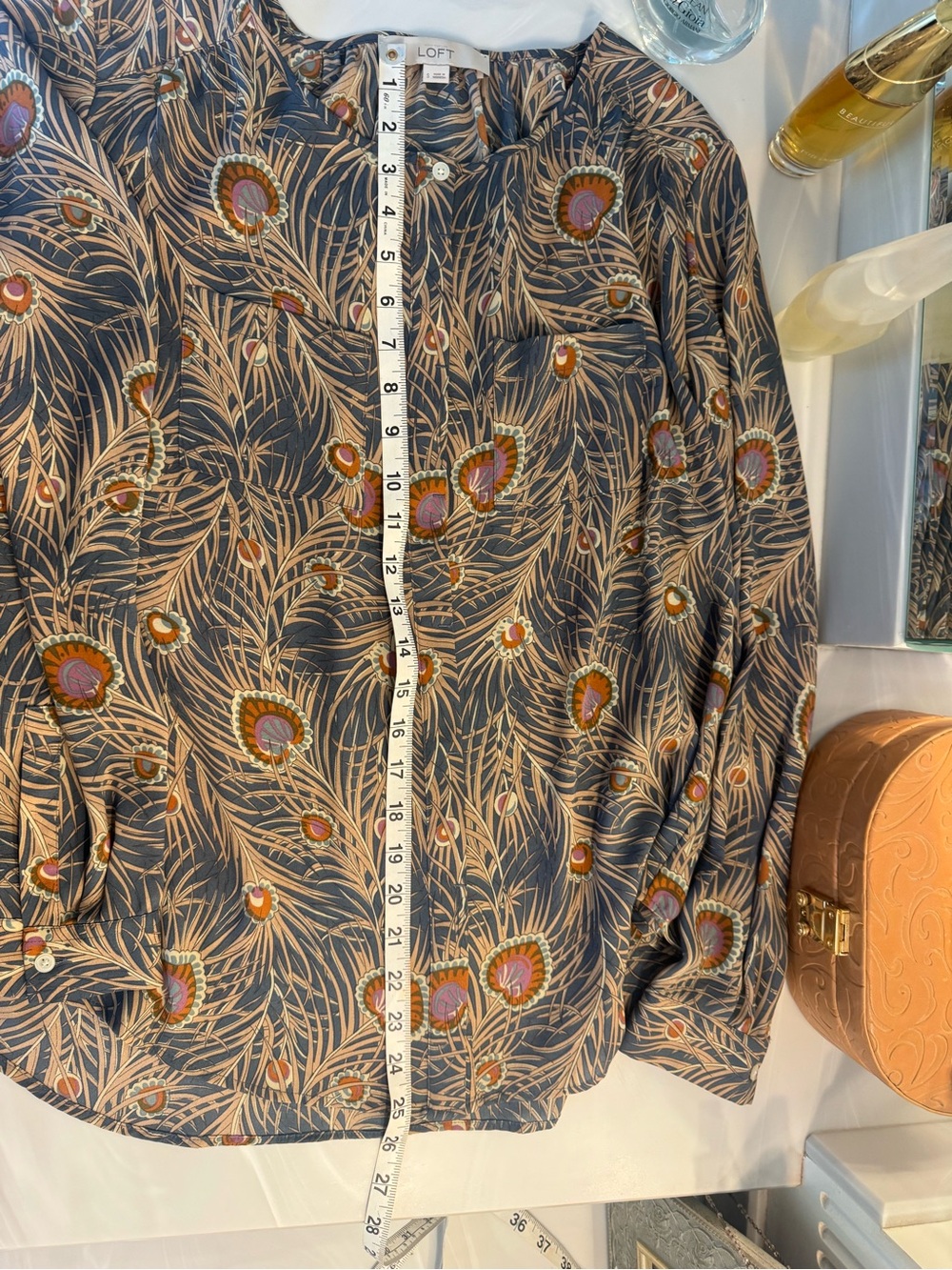 LOFT Gray Floral-Peacock Print Long Sleeve Blouse - Picture 6 of 8